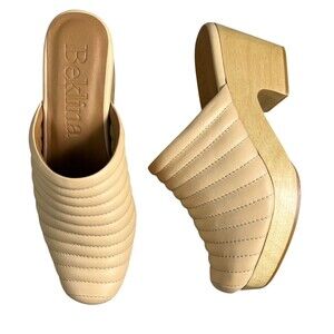 Beklina Ribbed Buff Leather Platform Clog Mule w Wood Heels  Size 6.5